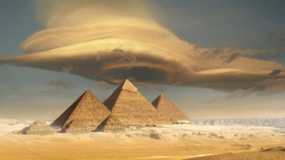 Dramatic storm cloud above pyramids, Giza, Egypt